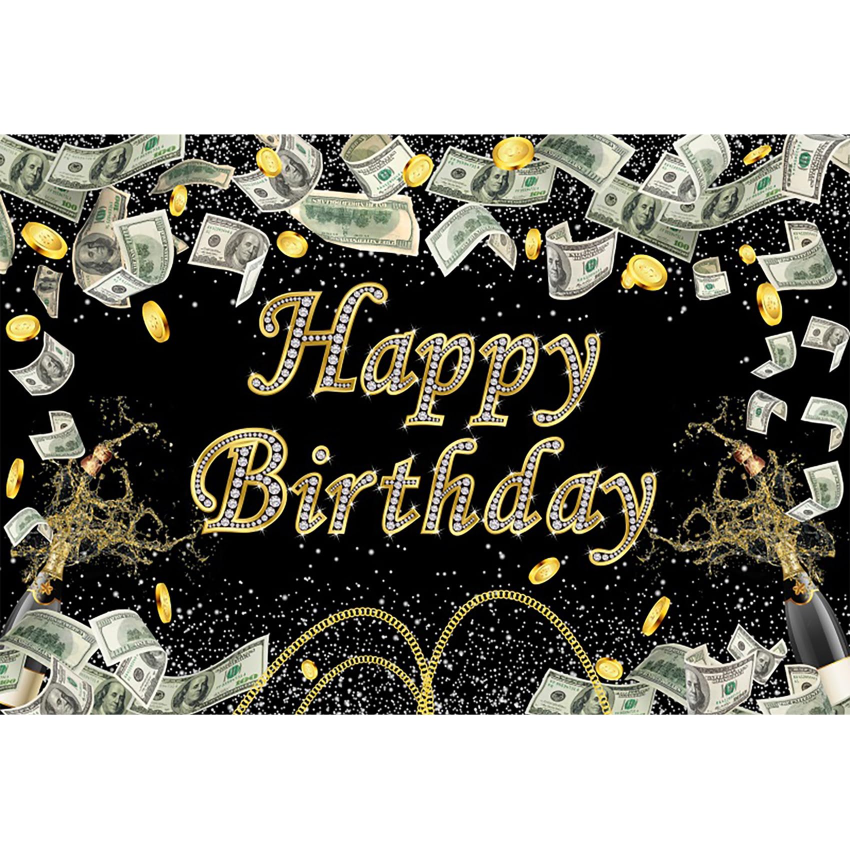 Renaiss 7x5ft Money Black Gold Dollar Bill Birthday Banner Champagne Diamond Dollar Coins Casino Party Decor Photo Booth Props - Image 4