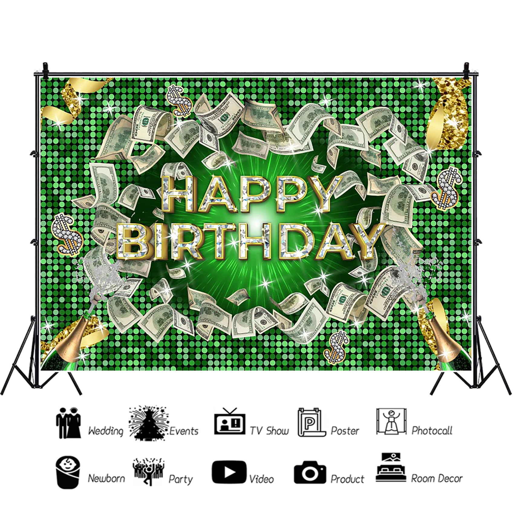 Renaiss 7x5ft Money Green Backdrop Champagne Diamonds Dollar Bill Photography Background Money Casino Theme Party Decors Happy Birthday Banner Photo Booth Props - Image 3