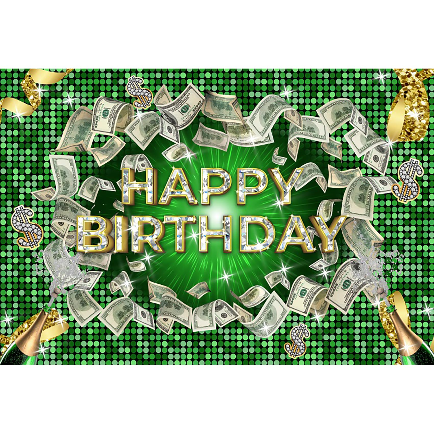 Renaiss 7x5ft Money Green Backdrop Champagne Diamonds Dollar Bill Photography Background Money Casino Theme Party Decors Happy Birthday Banner Photo Booth Props - Image 4