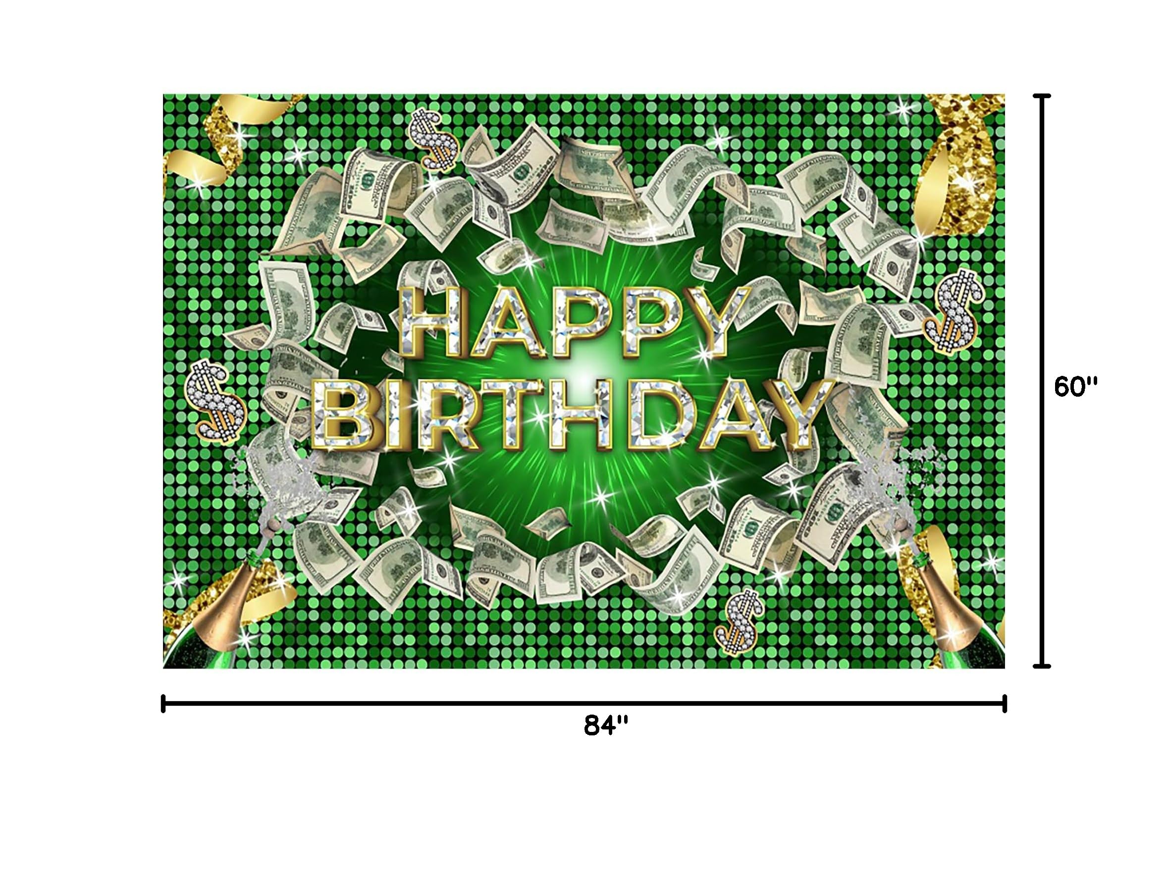 Renaiss 7x5ft Money Green Backdrop Champagne Diamonds Dollar Bill Photography Background Money Casino Theme Party Decors Happy Birthday Banner Photo Booth Props - Image 8