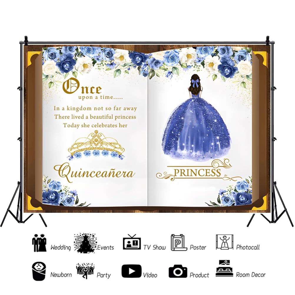Renaiss 7x5ft Quinceañera Backdrop Fairy Tale Books Mis Quince 15 Anos Photography Background Once Upon A Time Blue Storybook Princess Girls 15th Birthday Party Decors Magic Book Photo Booth Props - Image 4