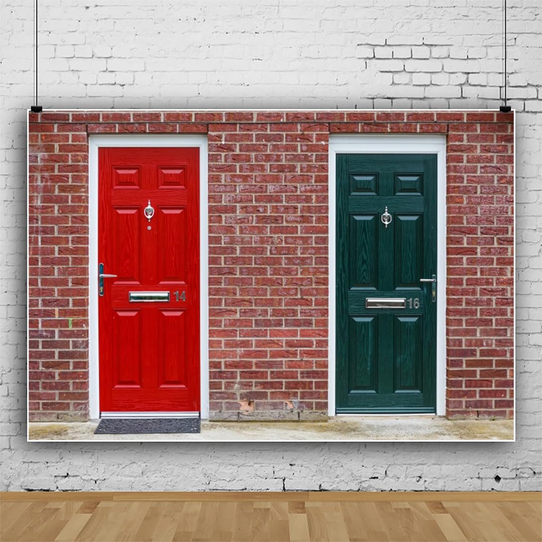 Renaiss 7x5ft Red & Green Door Backdrop for Photoshooting Vintage Doors on Red Brick Wall Photography Background Retro Bricks Front Doors Party Decors Portrait Street Snap Photo Booth Props - Image 3