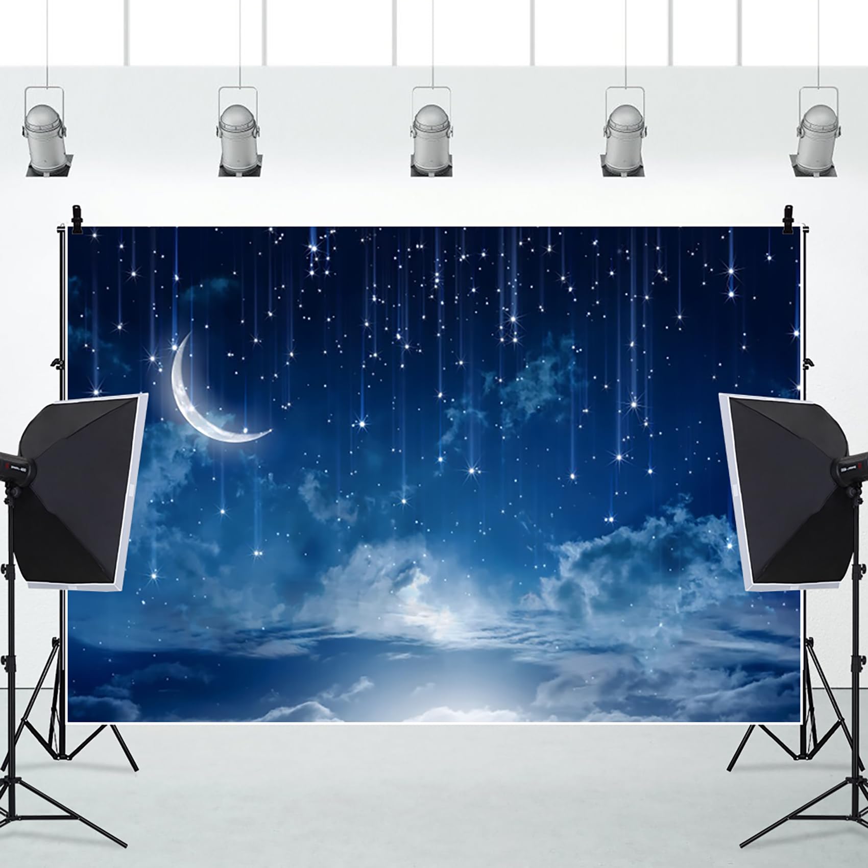 Renaiss 7x5ft Shooting Star Backdrop Blue Galaxy Starburst Curved Moon Background Cosmic Nebula Constellation Celestial Photo Backdrop Twinkle Star Meteor Baby Shower Kids Birthday Party Supplies - Image 3
