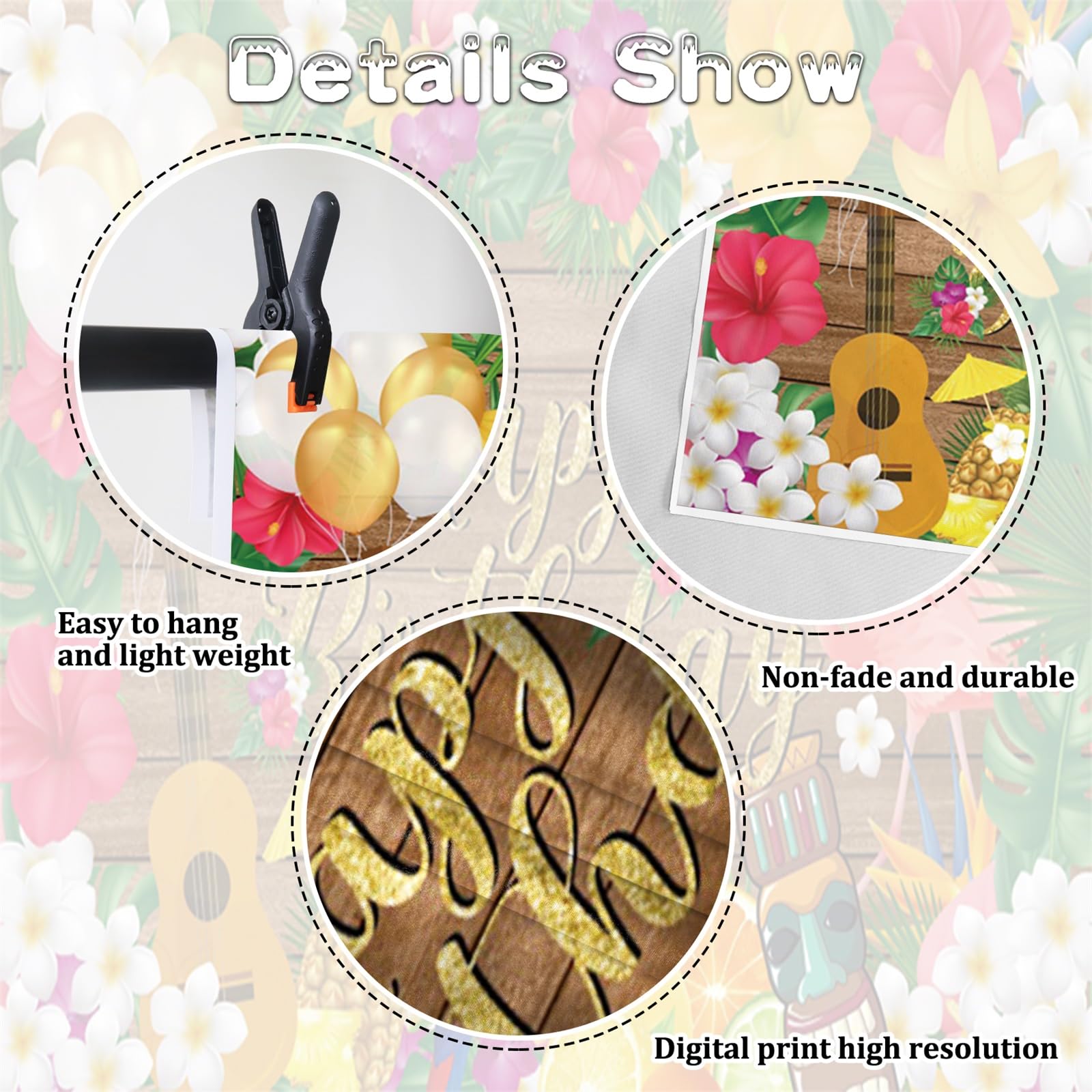 Renaiss 7x5ft Summer Happy Birthday Backdrops Hawaiian Tropical Flamingo Floral Palm Leaves Photo Backgrounds Wooden Colorful Flower Themed Happy Birthday Sign Decorations Supplies - Image 3