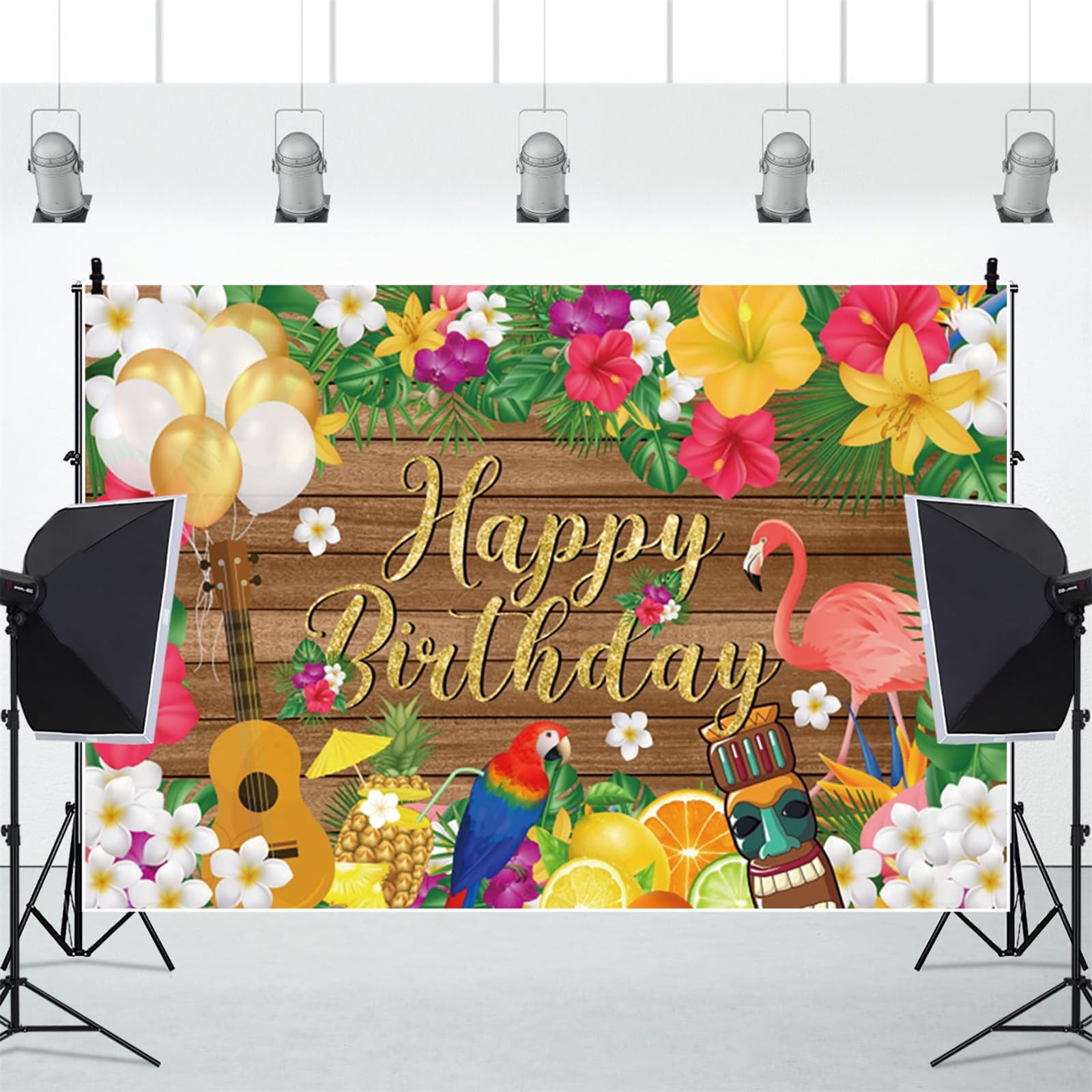 Renaiss 7x5ft Summer Happy Birthday Backdrops Hawaiian Tropical Flamingo Floral Palm Leaves Photo Backgrounds Wooden Colorful Flower Themed Happy Birthday Sign Decorations Supplies - Image 4