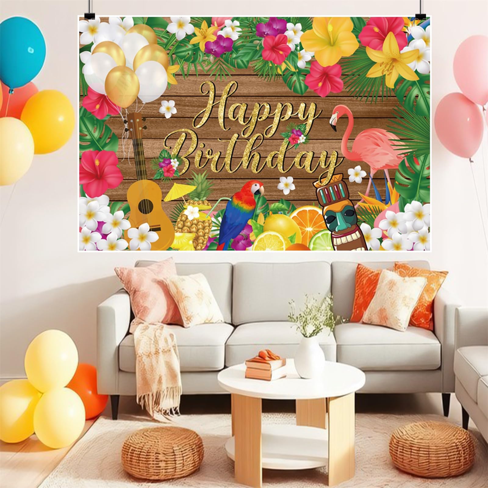 Renaiss 7x5ft Summer Happy Birthday Backdrops Hawaiian Tropical Flamingo Floral Palm Leaves Photo Backgrounds Wooden Colorful Flower Themed Happy Birthday Sign Decorations Supplies - Image 5