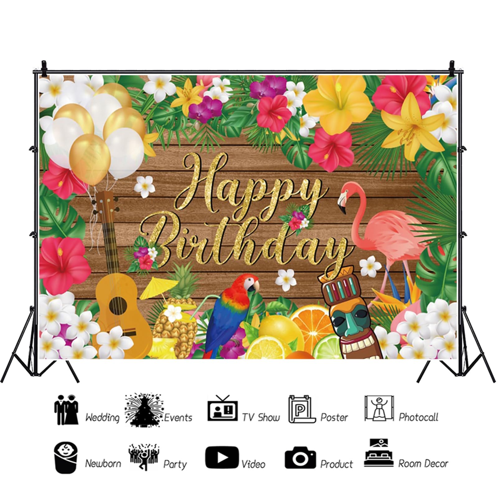 Renaiss 7x5ft Summer Happy Birthday Backdrops Hawaiian Tropical Flamingo Floral Palm Leaves Photo Backgrounds Wooden Colorful Flower Themed Happy Birthday Sign Decorations Supplies - Image 6