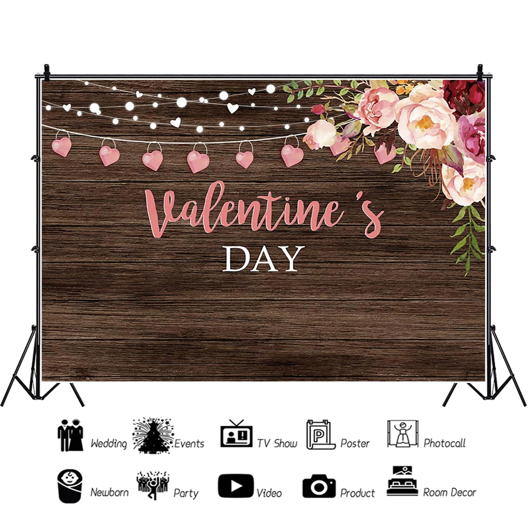 Renaiss 7x5ft Valentine's Day Backdrop Banner for Photoshoot Boys Girls Lovers Couples Portrait Brown Wooden Wall Rose Flowers Pink Hearts Dating Photography Background Photo Booth Props Party Decor - Image 3
