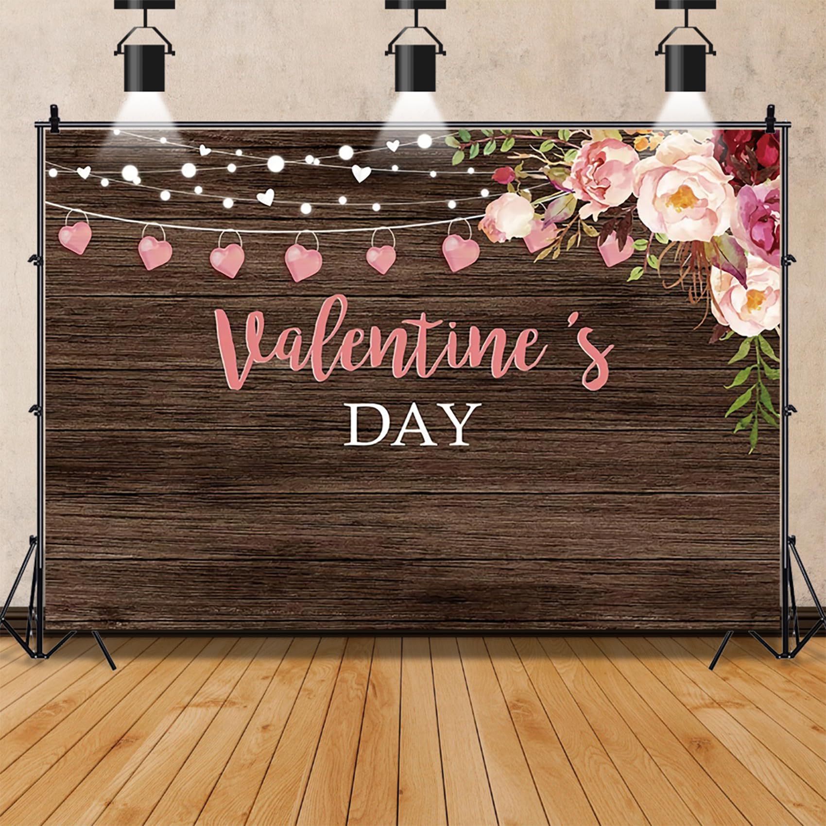 Renaiss 7x5ft Valentine's Day Backdrop Banner for Photoshoot Boys Girls Lovers Couples Portrait Brown Wooden Wall Rose Flowers Pink Hearts Dating Photography Background Photo Booth Props Party Decor - Image 4