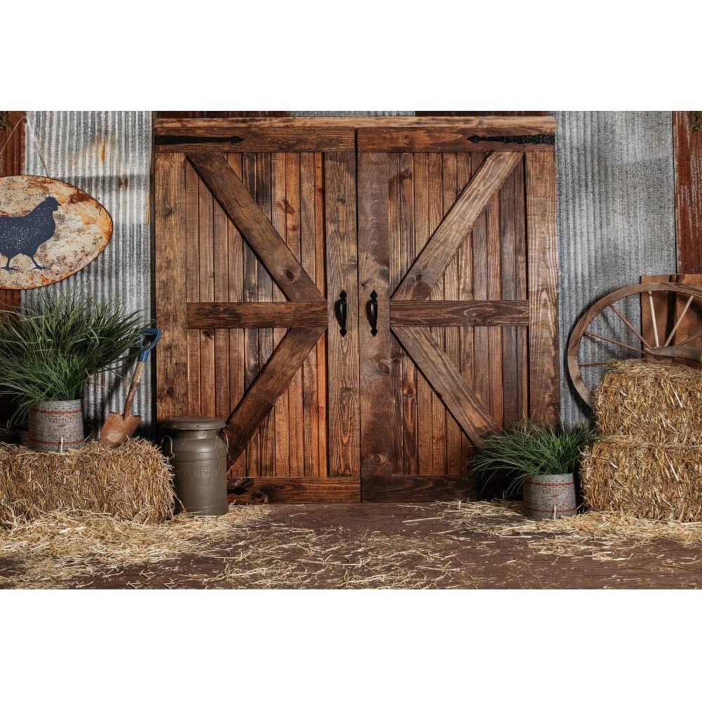 Renaiss 7x5ft Vintage Barn Backdrop for Photoshoot Kids Adults Portrait Haystack Potted Plants Wood Wheel Door Western Cowboy Photography Background Baby Shower Birthday Party Decor Photo Booth Props - Image 3