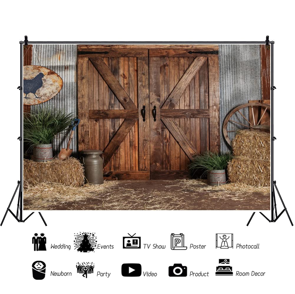 Renaiss 7x5ft Vintage Barn Backdrop for Photoshoot Kids Adults Portrait Haystack Potted Plants Wood Wheel Door Western Cowboy Photography Background Baby Shower Birthday Party Decor Photo Booth Props - Image 4