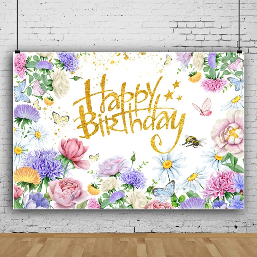Renaiss 7x5ft Wildflower Birthday Backdrop Spring Garden Flowers Birthday Photography Background Watercolor Floral Butterfly Happy Birthday Party Banner Girls Woman Birtdhay Photo Booth Props - Image 3