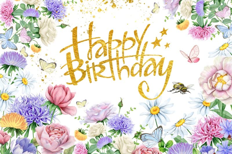 Renaiss 7x5ft Wildflower Birthday Backdrop Spring Garden Flowers Birthday Photography Background Watercolor Floral Butterfly Happy Birthday Party Banner Girls Woman Birtdhay Photo Booth Props - Image 4