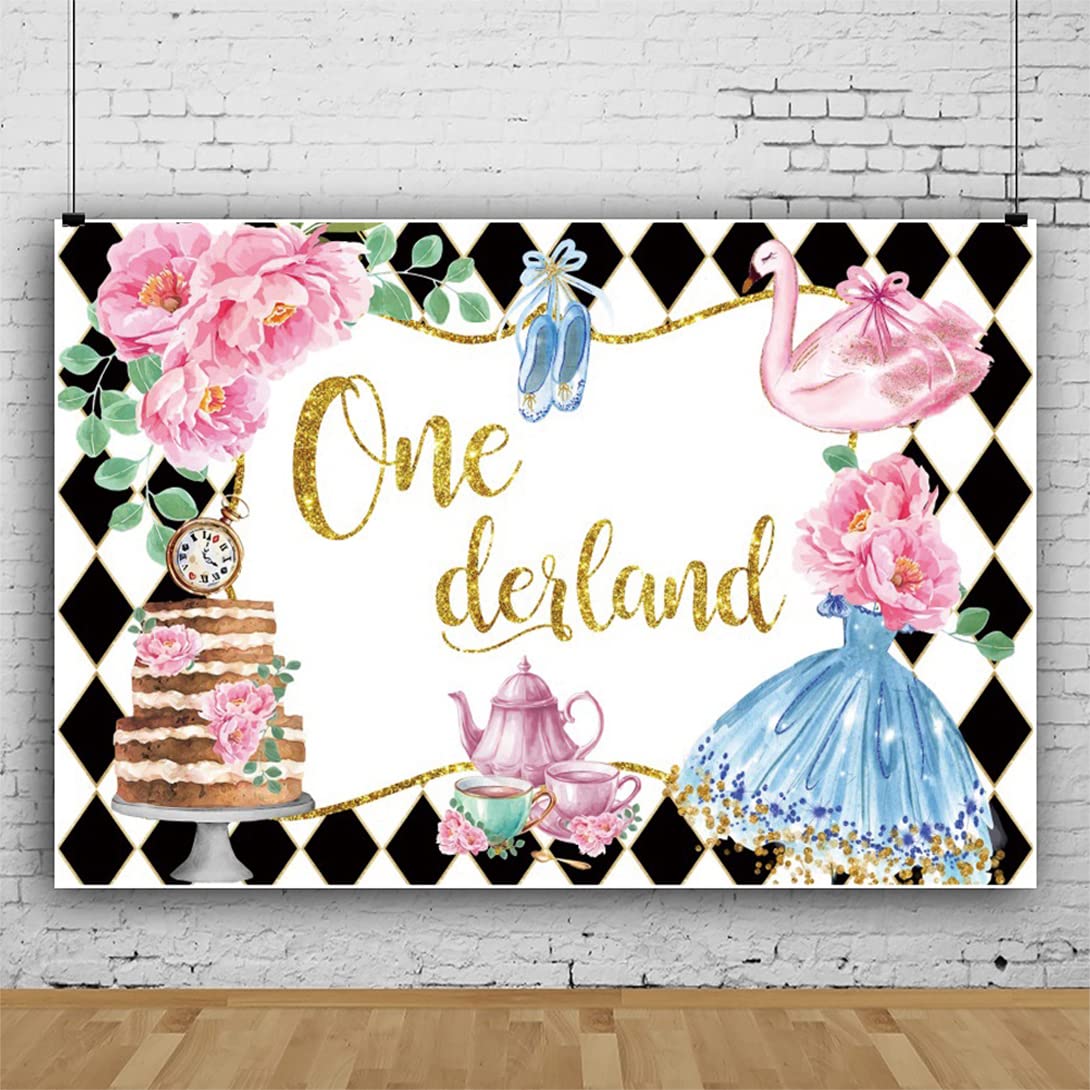 Renaiss 7x5ft Wonderland First Birthday Backdrop Pocket Watch Black White Checks Onederland Tea Party Background Princess Dress Pink Floral Tea Theme Girls 1st Birthday Party Decor Photo Booth Props - Image 3