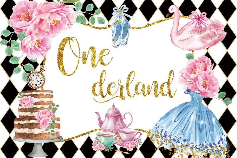 Renaiss 7x5ft Wonderland First Birthday Backdrop Pocket Watch Black White Checks Onederland Tea Party Background Princess Dress Pink Floral Tea Theme Girls 1st Birthday Party Decor Photo Booth Props - Image 4