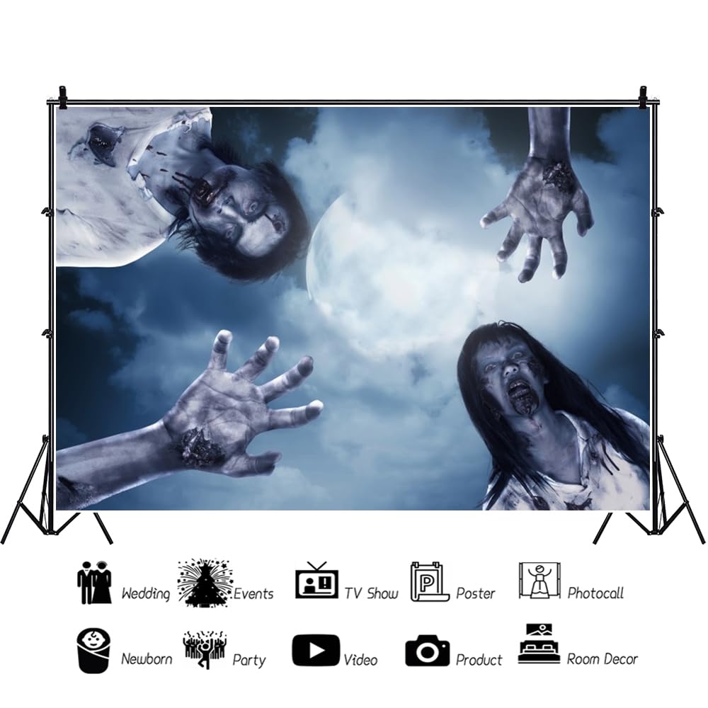 Renaiss 7x5ft Zombie Halloween Backdrop Walking Scary Dead Ceiling Skylight Decoration Gloomy Moon Night Undeath Zombie Hand Photography Background Ghost Halloween Party Decors Photo Booth Props - Image 3