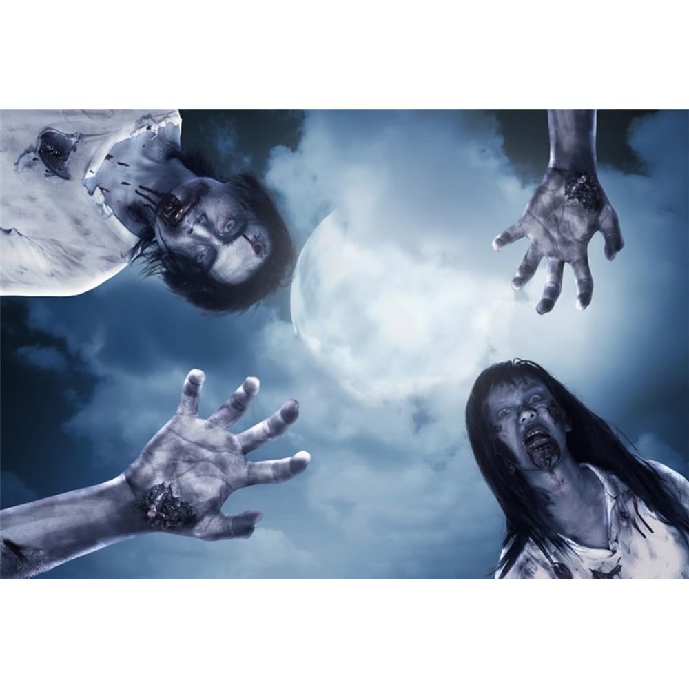 Renaiss 7x5ft Zombie Halloween Backdrop Walking Scary Dead Ceiling Skylight Decoration Gloomy Moon Night Undeath Zombie Hand Photography Background Ghost Halloween Party Decors Photo Booth Props - Image 4