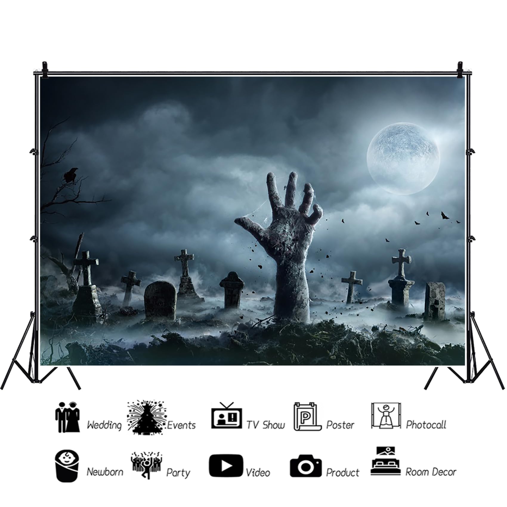 Renaiss 7x5ft Zombie Hand Halloween Backdrop Full Moon Cloudy Sky Graveyard Undead Photography Background Horror Party Decors Gray Cold Gloomy Night Photo Studio Props for Kids Man Woman Portrait - Image 3