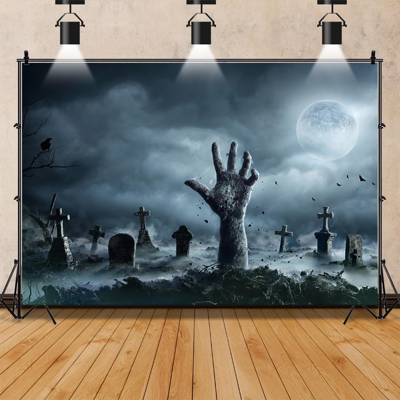 Renaiss 7x5ft Zombie Hand Halloween Backdrop Full Moon Cloudy Sky Graveyard Undead Photography Background Horror Party Decors Gray Cold Gloomy Night Photo Studio Props for Kids Man Woman Portrait - Image 4