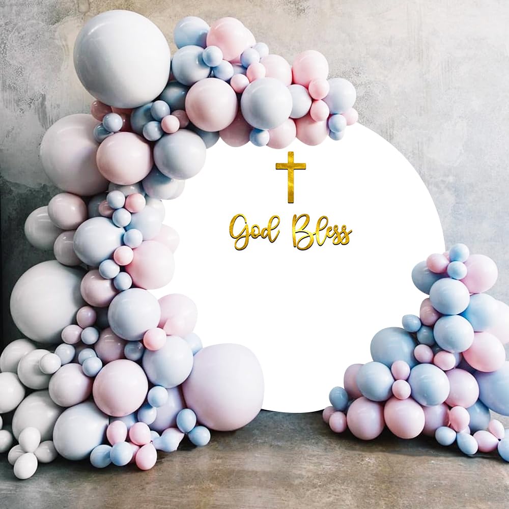 Renaiss 7x7ft God Bless Round White Backdrop Cover Gold Cross Mi Bautizo Baptism Circle Photography Background Holy Communion Christening Baby Shower Birthday Party Decors Arch Photo Booth Props - Image 3