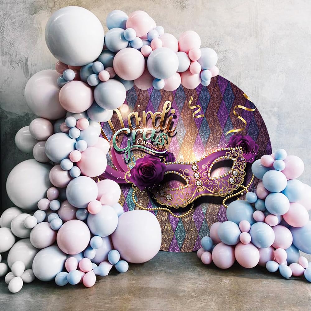 Renaiss 7x7ft Mardi Gras Round Backdrop Covers for Photoshoot Portrait Golden Purple Diamond Check Rose Mask Circle Photography Background Masquerade Carnival Dress-up Party Decor Photo Booth Prop - Image 3