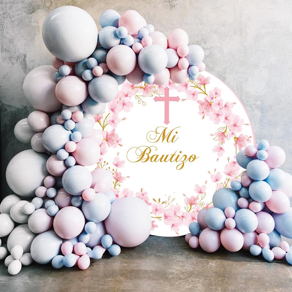 Renaiss 7x7ft Mi Bautizo Round Backdrop Covers for Photoshoot Infant Baby Portrait Pink Cherry Blossoms Cross Circle Photography Background Newborn Baptism Christening Party Decor Photo Booth Prop - Image 3