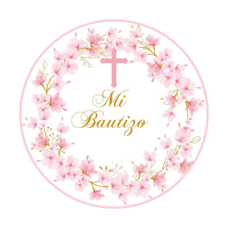 Renaiss 7x7ft Mi Bautizo Round Backdrop Covers for Photoshoot Infant Baby Portrait Pink Cherry Blossoms Cross Circle Photography Background Newborn Baptism Christening Party Decor Photo Booth Prop - Image 4
