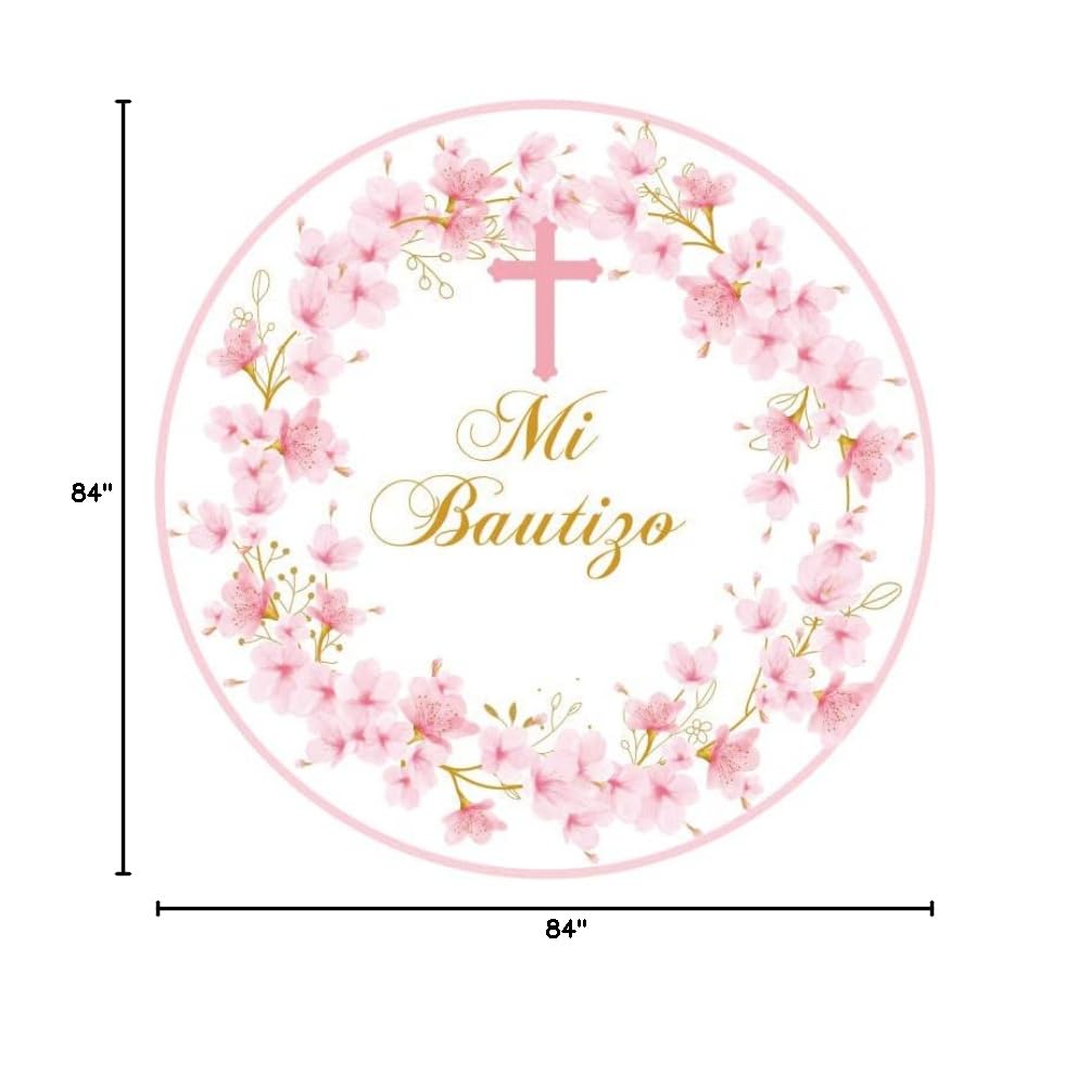 Renaiss 7x7ft Mi Bautizo Round Backdrop Covers for Photoshoot Infant Baby Portrait Pink Cherry Blossoms Cross Circle Photography Background Newborn Baptism Christening Party Decor Photo Booth Prop - Image 8