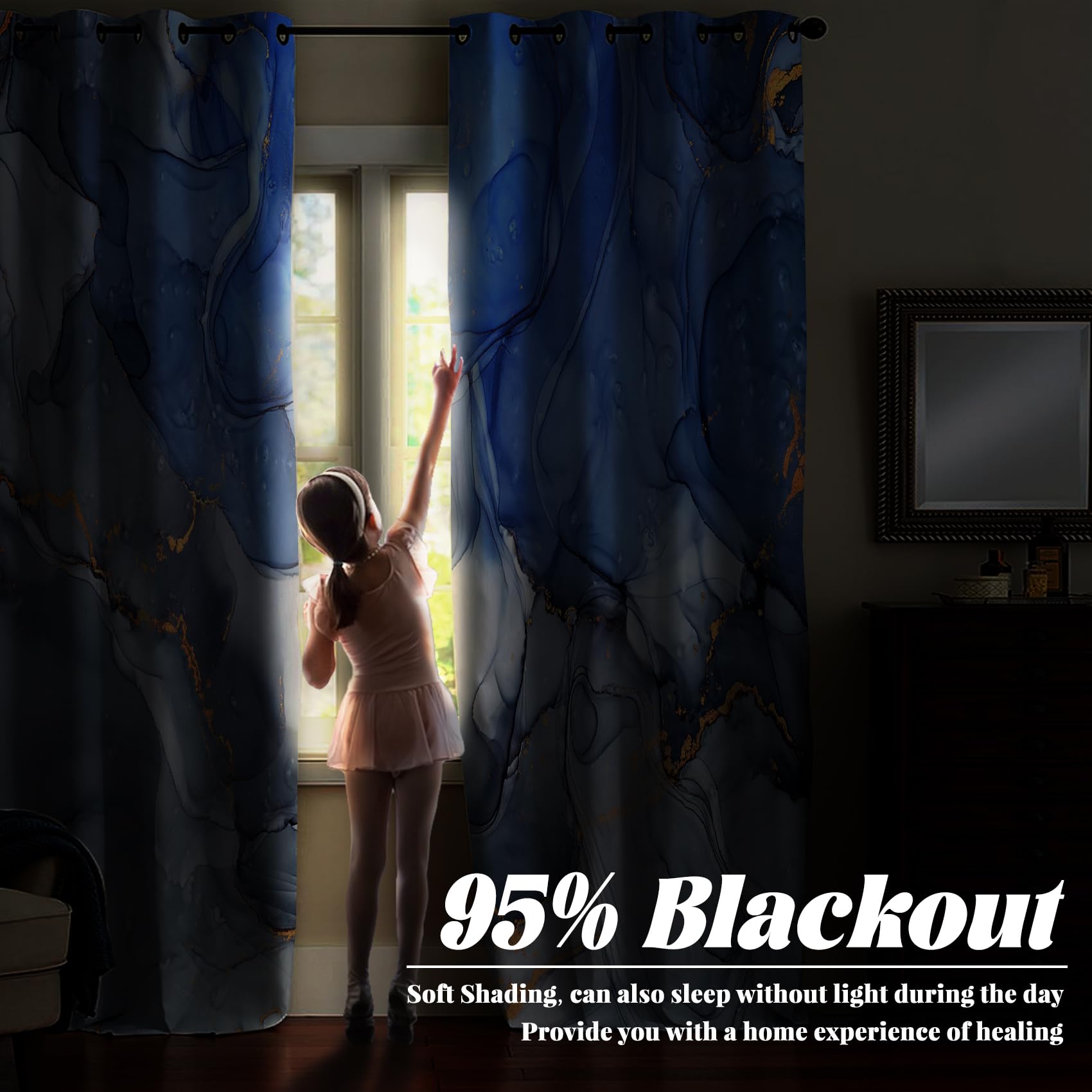 Renaiss Blue Marble Blackout Curtains, Light Blue Liquid Art Thermal Insulated Bedroom Window Curtains, Modern Luxury Marble Texture Window Drapes for Living Room, 42W x 84L 2 Panels Set - Image 3