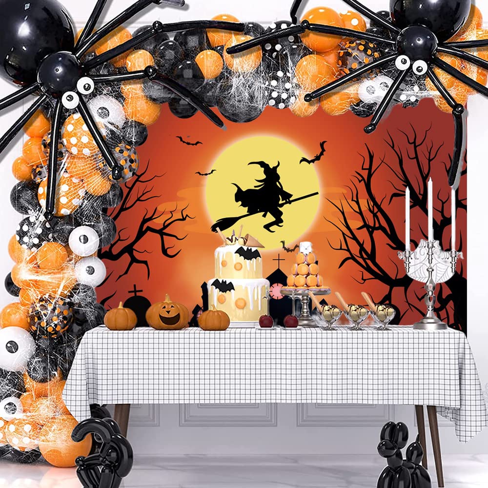 Renaiss Cartoon Halloween Backdrop Graveyard Castle Creepy Trees Orange Moon Witch Photography Background Trick Or Treat Party Banner Halloween Birthday Party Decor 7x5ft Photo Booth Props Wallpaper - Image 3