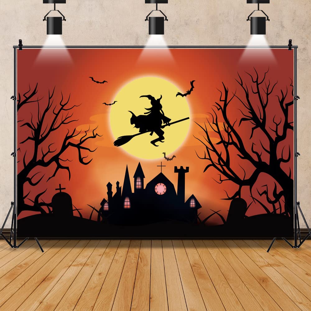 Renaiss Cartoon Halloween Backdrop Graveyard Castle Creepy Trees Orange Moon Witch Photography Background Trick Or Treat Party Banner Halloween Birthday Party Decor 7x5ft Photo Booth Props Wallpaper - Image 4