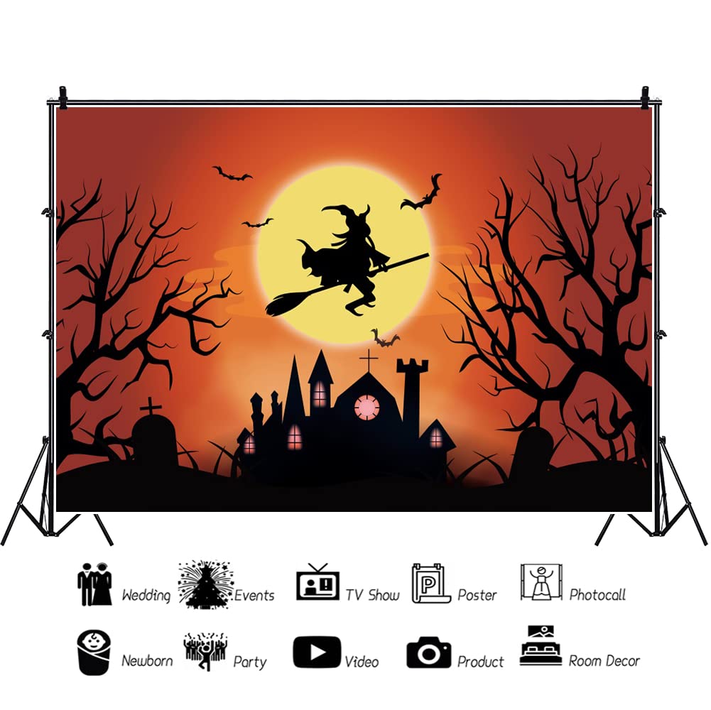 Renaiss Cartoon Halloween Backdrop Graveyard Castle Creepy Trees Orange Moon Witch Photography Background Trick Or Treat Party Banner Halloween Birthday Party Decor 7x5ft Photo Booth Props Wallpaper - Image 5