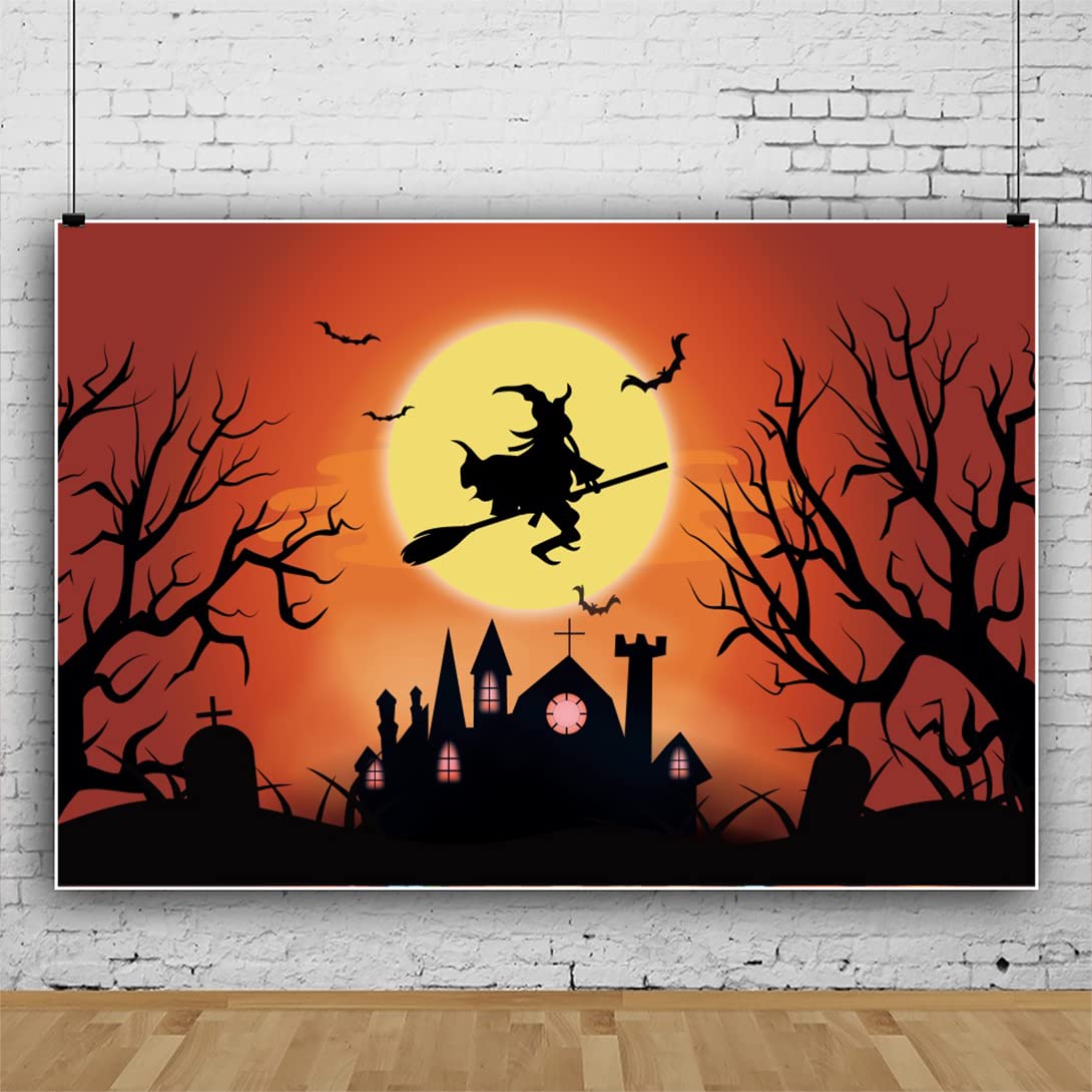 Renaiss Cartoon Halloween Backdrop Graveyard Castle Creepy Trees Orange Moon Witch Photography Background Trick Or Treat Party Banner Halloween Birthday Party Decor 7x5ft Photo Booth Props Wallpaper - Image 6