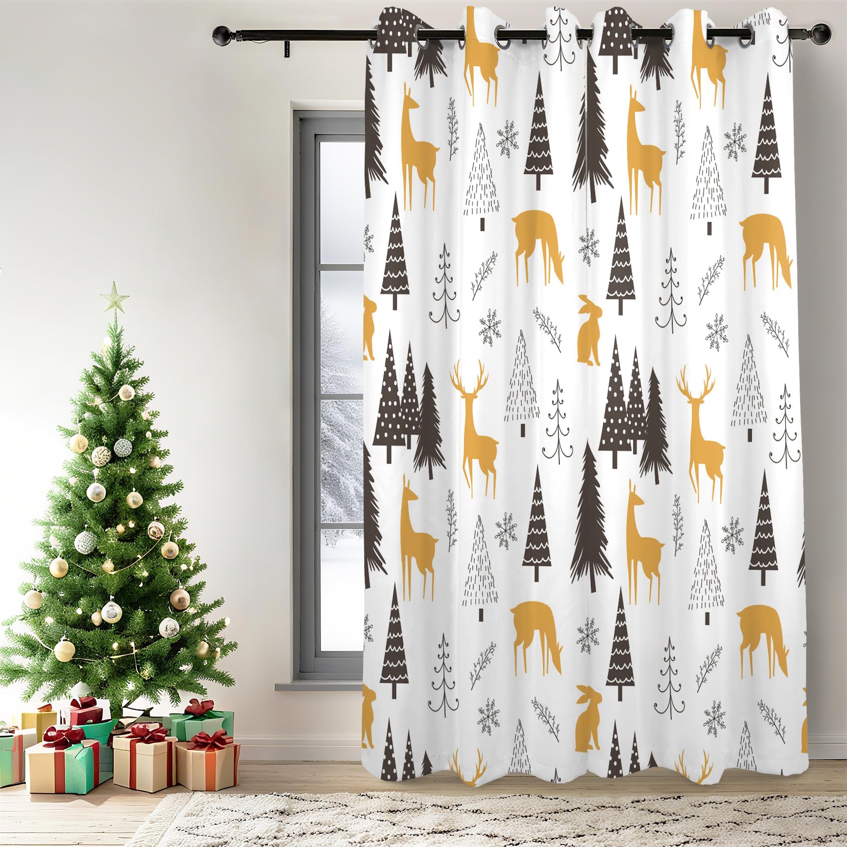 Renaiss Christmas Forest Blackout Curtains Black Pine Tree Gold Deers Rabbits Bedroom Window Curtains Nature Fir Forest Window Drapes for Living Room 53x96 inch Set of 2 Panels - Image 3