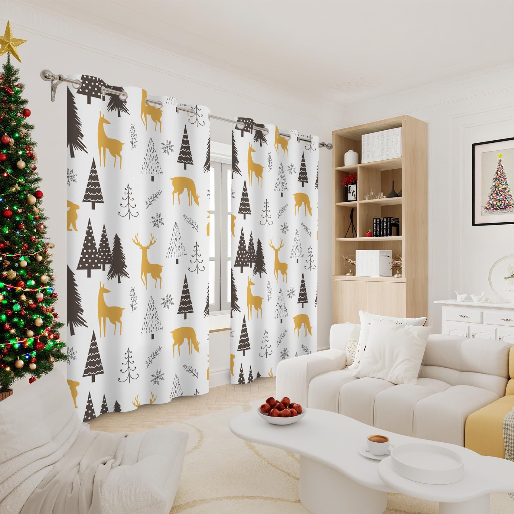 Renaiss Christmas Forest Blackout Curtains Black Pine Tree Gold Deers Rabbits Bedroom Window Curtains Nature Fir Forest Window Drapes for Living Room 53x96 inch Set of 2 Panels - Image 4