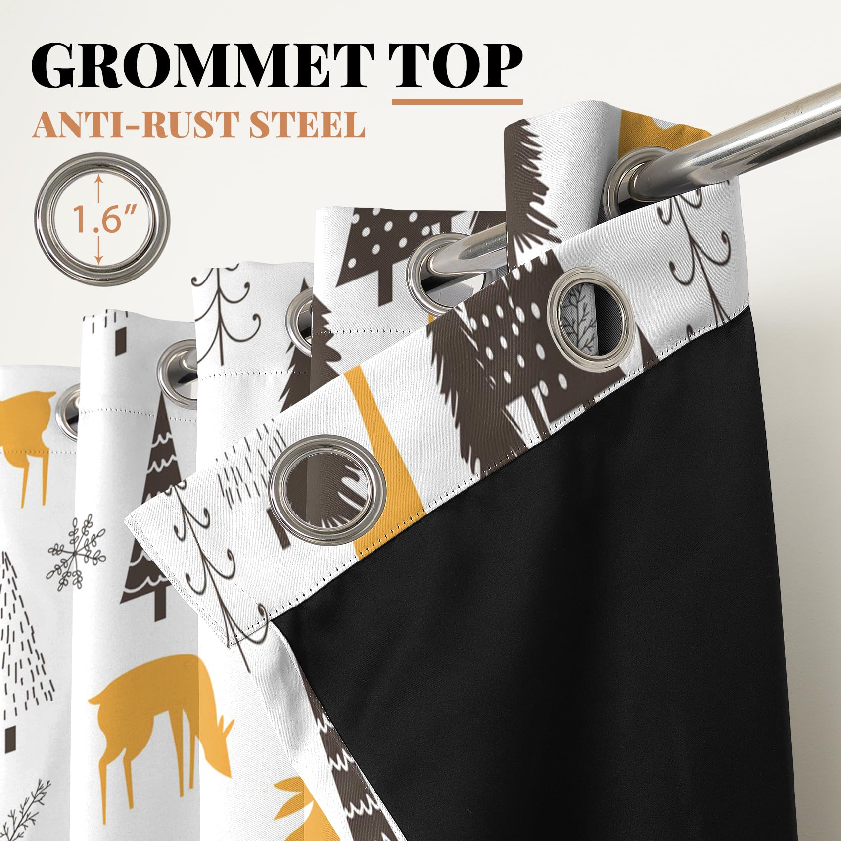 Renaiss Christmas Forest Blackout Curtains Black Pine Tree Gold Deers Rabbits Bedroom Window Curtains Nature Fir Forest Window Drapes for Living Room 53x96 inch Set of 2 Panels - Image 5