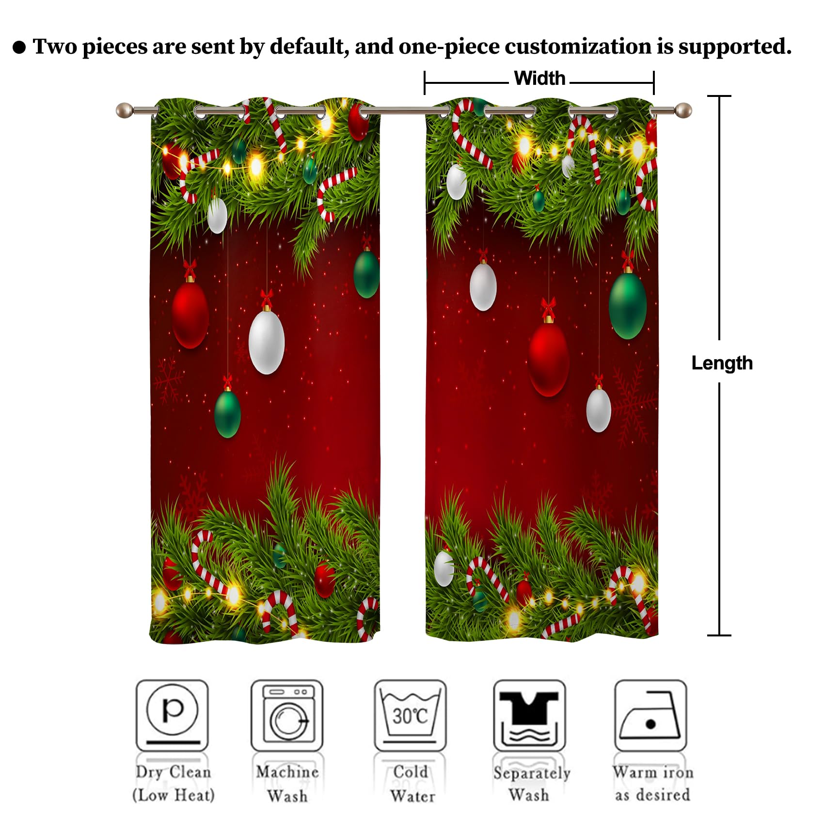 Renaiss Christmas Red Blackout Curtains Pine Branches Christmas Ornamental Balls Bedroom Window Curtains Grommet Thermal Insulated Window Drapes for Living Room 42Wx63L inches 2 Panels Set - Image 3