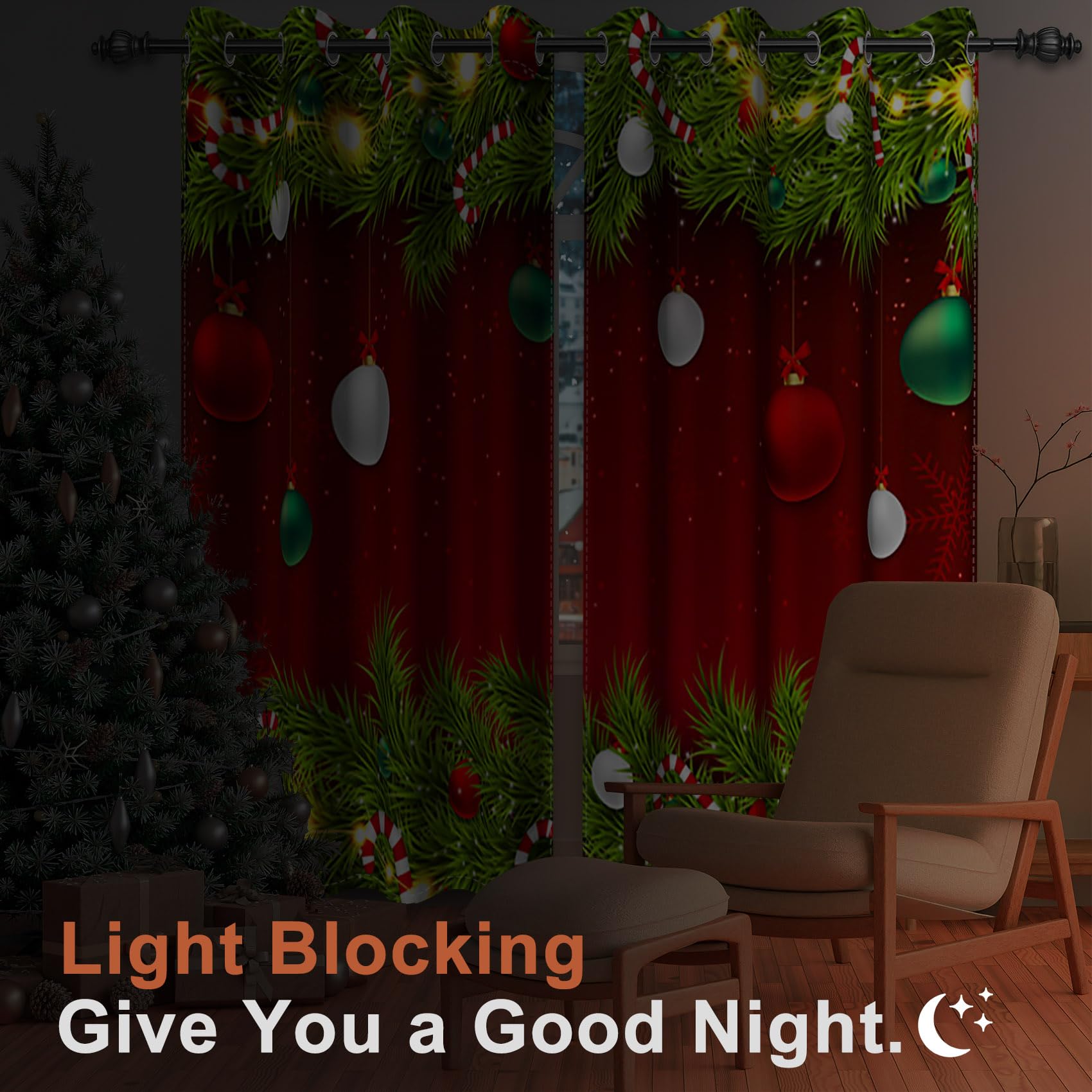 Renaiss Christmas Red Blackout Curtains Pine Branches Christmas Ornamental Balls Bedroom Window Curtains Grommet Thermal Insulated Window Drapes for Living Room 42Wx63L inches 2 Panels Set - Image 4