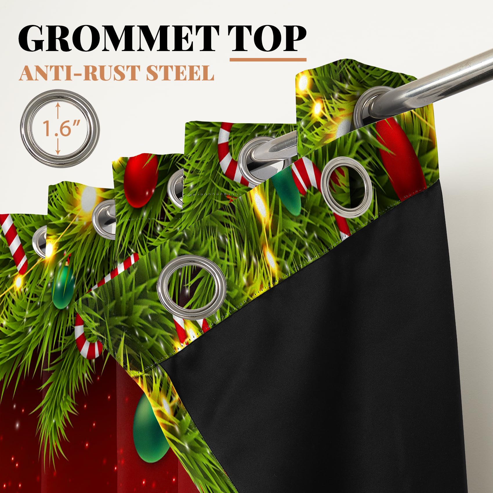 Renaiss Christmas Red Blackout Curtains Pine Branches Christmas Ornamental Balls Bedroom Window Curtains Grommet Thermal Insulated Window Drapes for Living Room 42Wx63L inches 2 Panels Set - Image 5