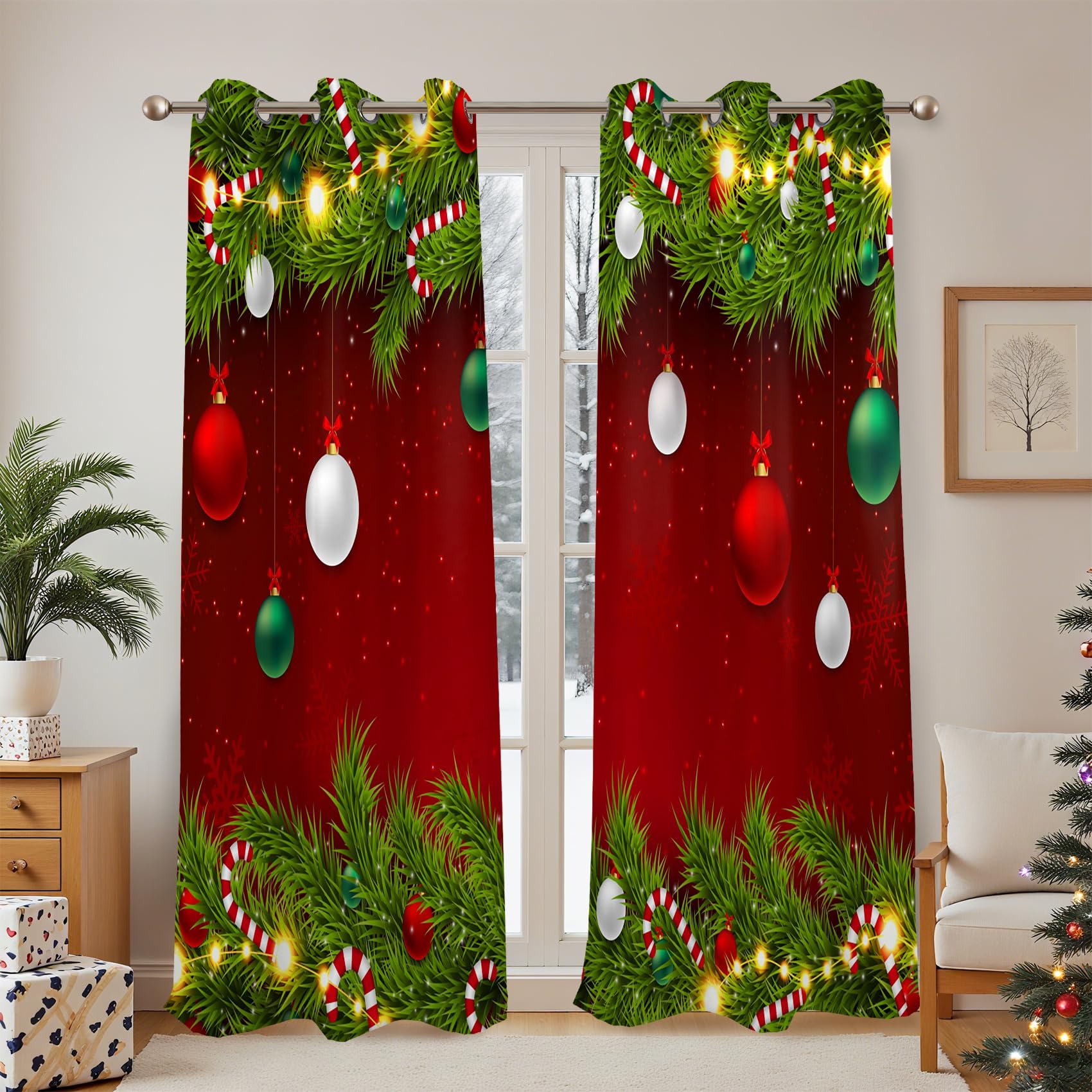 Renaiss Christmas Red Blackout Curtains Pine Branches Christmas Ornamental Balls Bedroom Window Curtains Grommet Thermal Insulated Window Drapes for Living Room 42Wx63L inches 2 Panels Set - Image 6