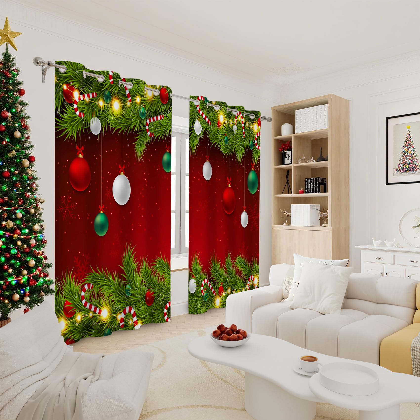 Renaiss Christmas Red Blackout Curtains Pine Branches Christmas Ornamental Balls Bedroom Window Curtains Grommet Thermal Insulated Window Drapes for Living Room 42Wx63L inches 2 Panels Set - Image 7