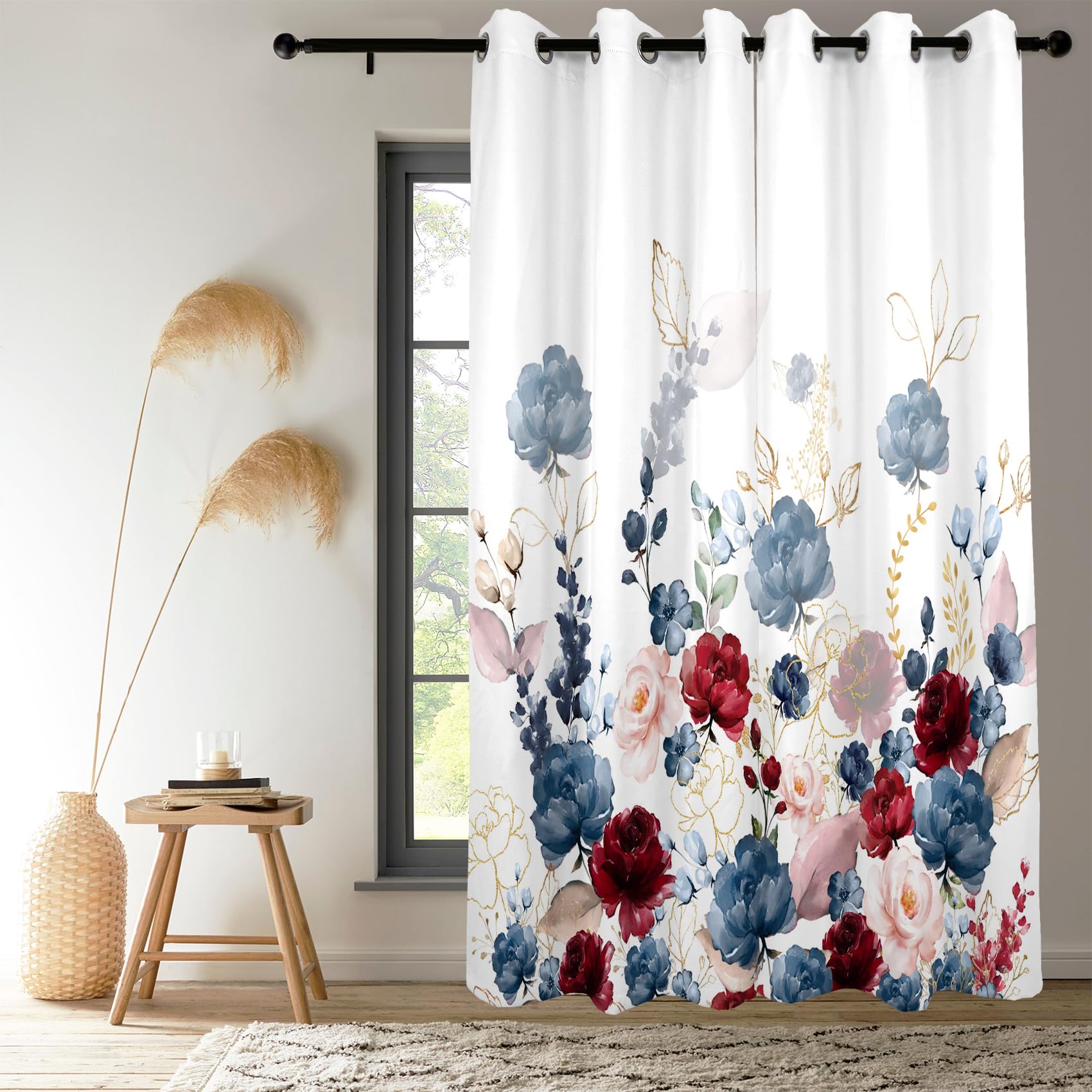 Renaiss Floral Blackout Curtains Watercolor Gray Blue and Red Peony Flower Bloossom Thermal Insulated Window Drapes for Bedroom 42W x 84L inches 2 Panel Set Window Curtains for Living Room - Image 3
