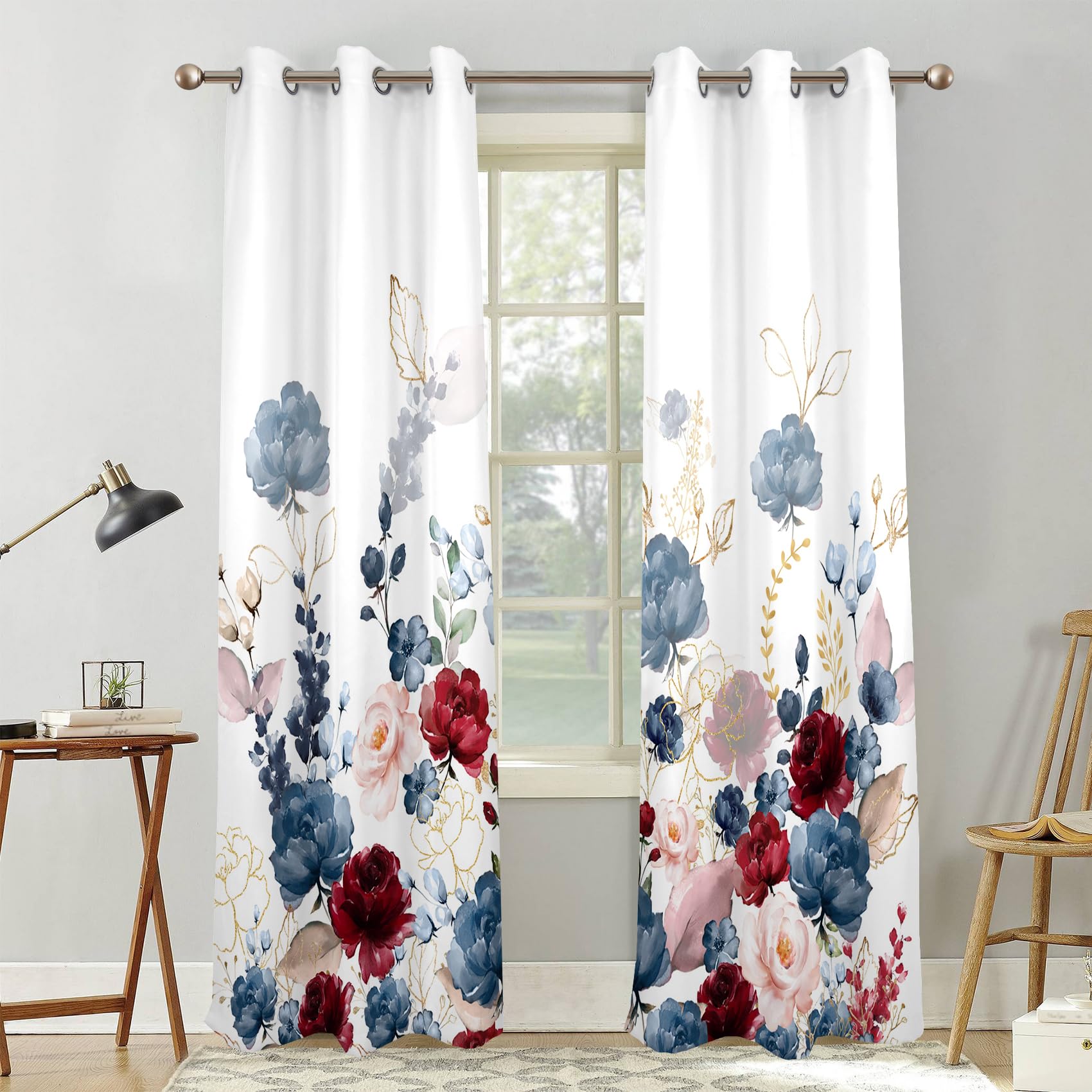 Renaiss Floral Blackout Curtains Watercolor Gray Blue and Red Peony Flower Bloossom Thermal Insulated Window Drapes for Bedroom 42W x 84L inches 2 Panel Set Window Curtains for Living Room - Image 4