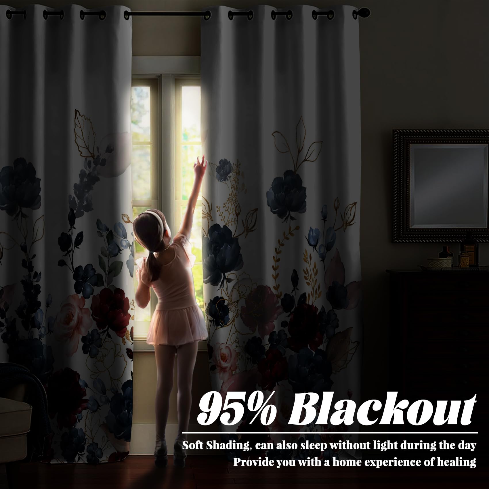 Renaiss Floral Blackout Curtains Watercolor Gray Blue and Red Peony Flower Bloossom Thermal Insulated Window Drapes for Bedroom 42W x 84L inches 2 Panel Set Window Curtains for Living Room - Image 5