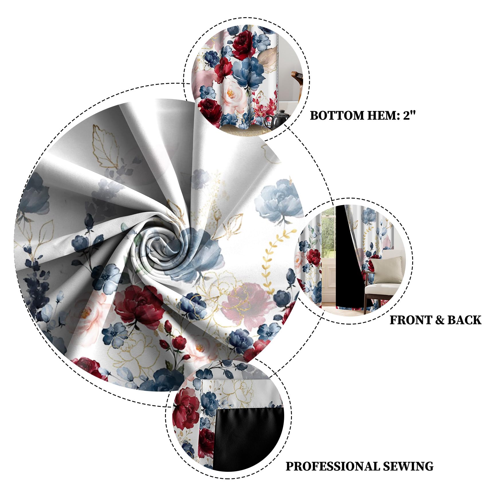 Renaiss Floral Blackout Curtains Watercolor Gray Blue and Red Peony Flower Bloossom Thermal Insulated Window Drapes for Bedroom 42W x 84L inches 2 Panel Set Window Curtains for Living Room - Image 7
