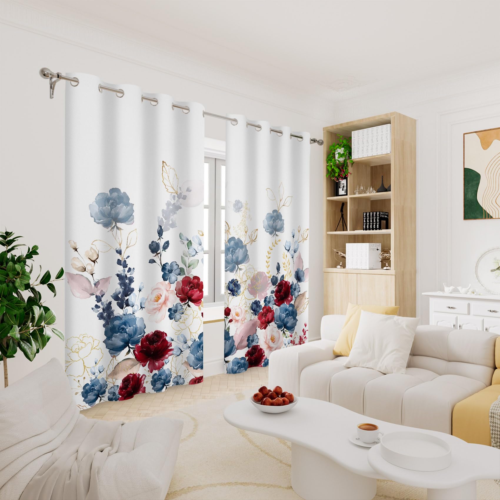 Renaiss Floral Blackout Curtains Watercolor Gray Blue and Red Peony Flower Bloossom Thermal Insulated Window Drapes for Bedroom 42W x 84L inches 2 Panel Set Window Curtains for Living Room - Image 8