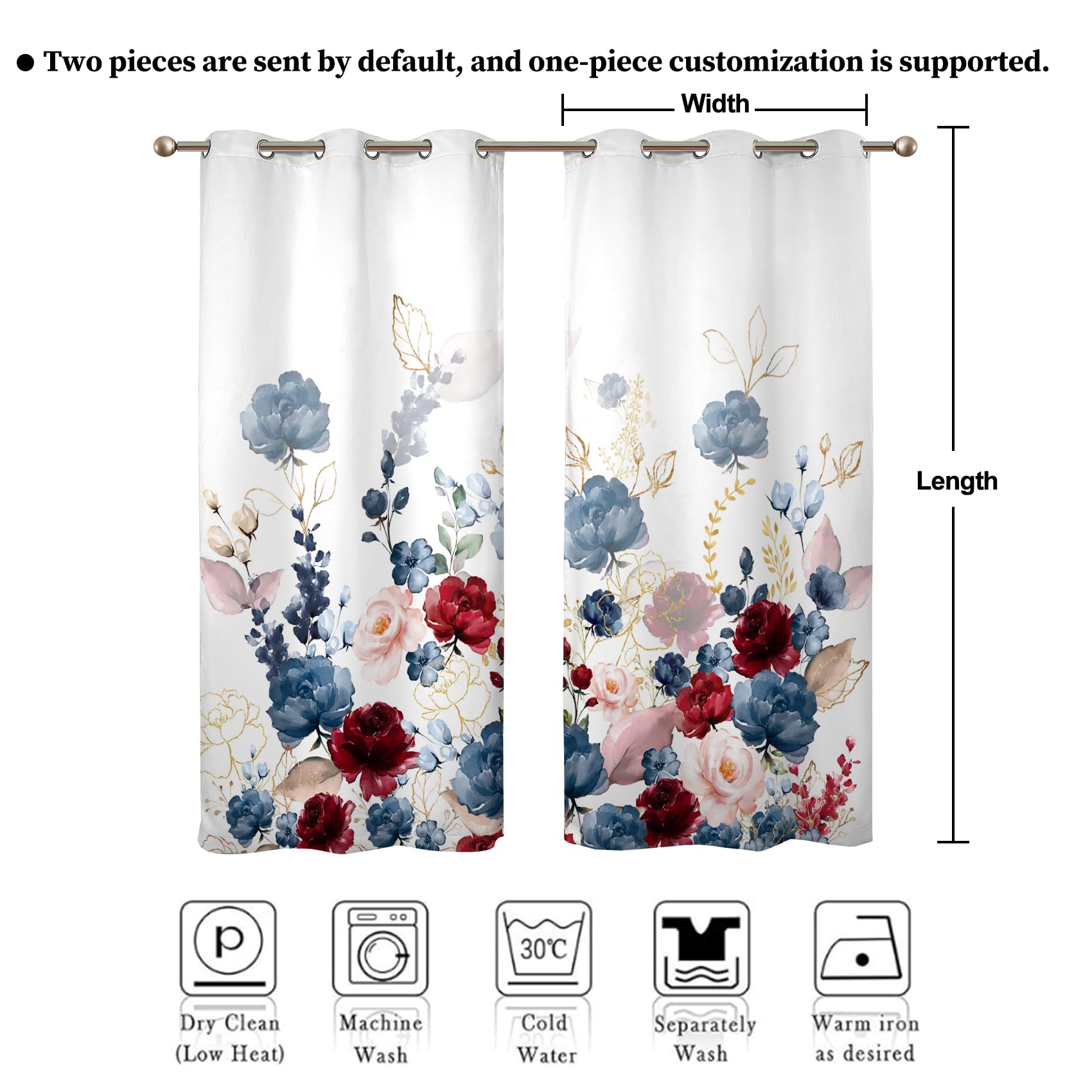 Renaiss Floral Blackout Curtains Watercolor Gray Blue and Red Peony Flower Bloossom Thermal Insulated Window Drapes for Bedroom 42W x 84L inches 2 Panel Set Window Curtains for Living Room - Image 9