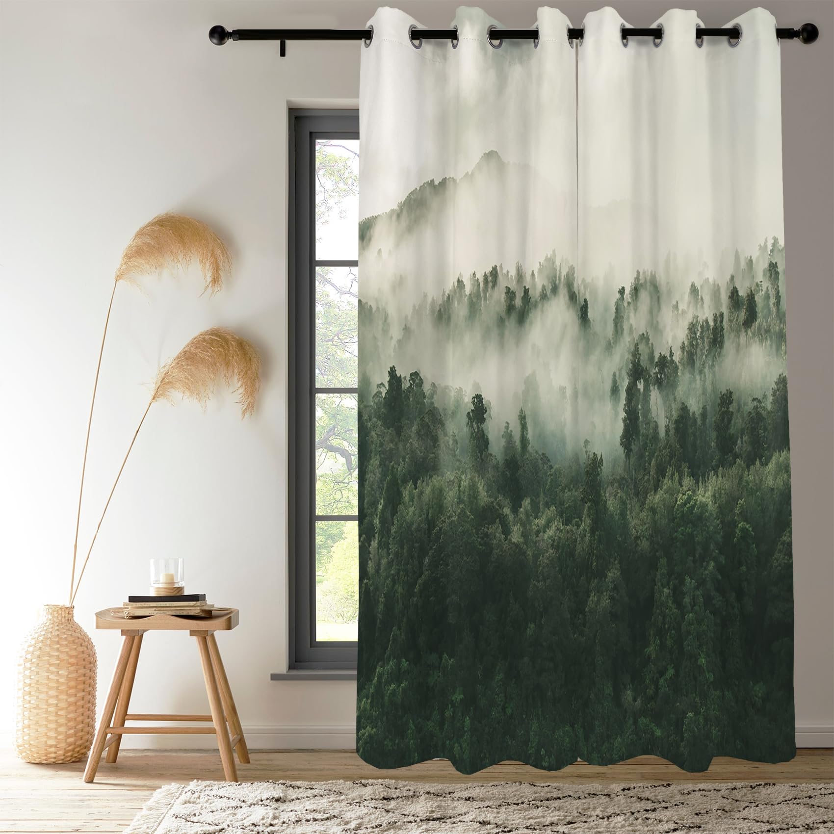 Renaiss Foggy Forest Blackout Curtains, Misty Mountain Mystric Forest Thermal Insulated Curtains for Bedroom Natural Grommet Window Drapes for Kitchen 29W x 55L inches 2 Panels Set - Image 3