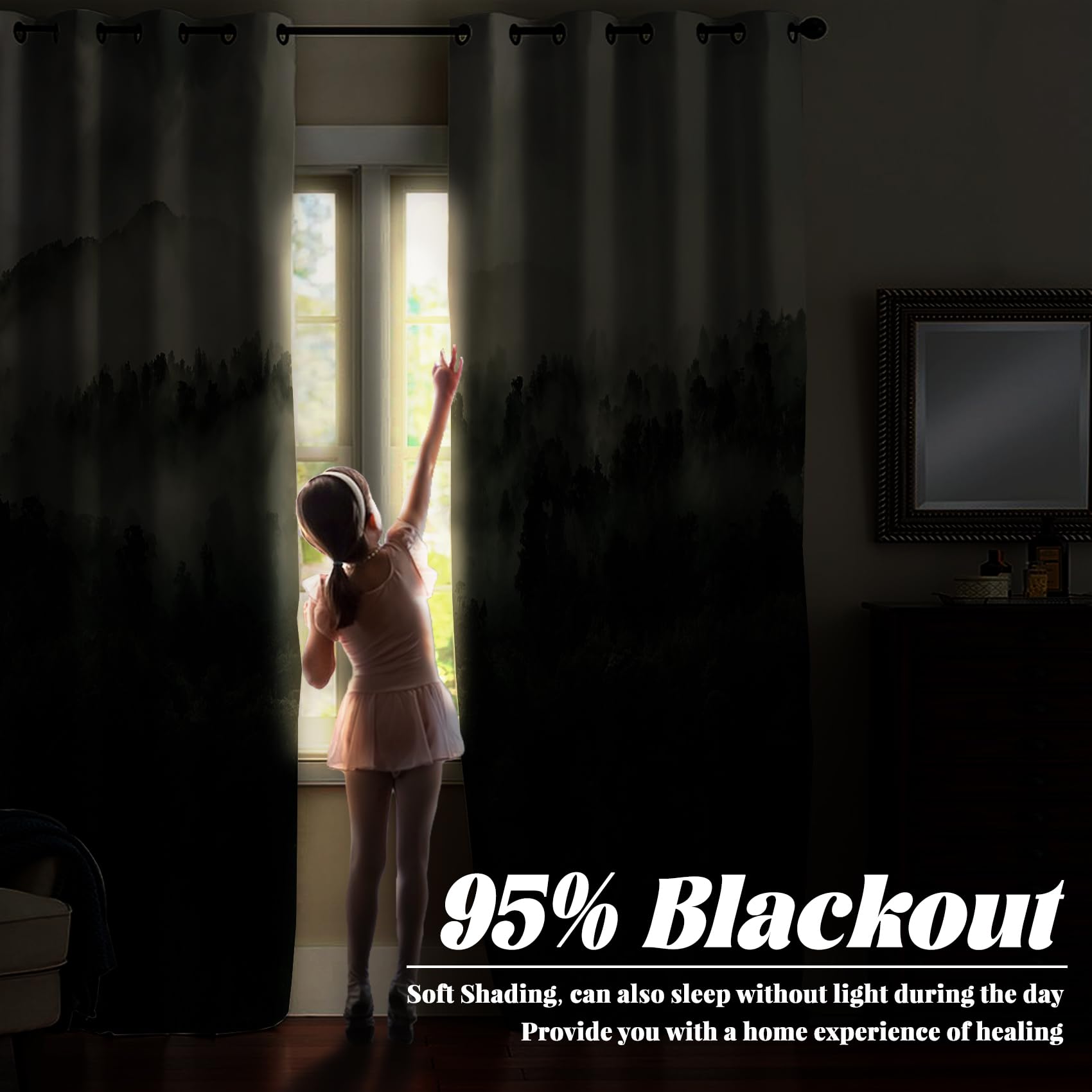 Renaiss Foggy Forest Blackout Curtains, Misty Mountain Mystric Forest Thermal Insulated Curtains for Bedroom Natural Grommet Window Drapes for Kitchen 29W x 55L inches 2 Panels Set - Image 4