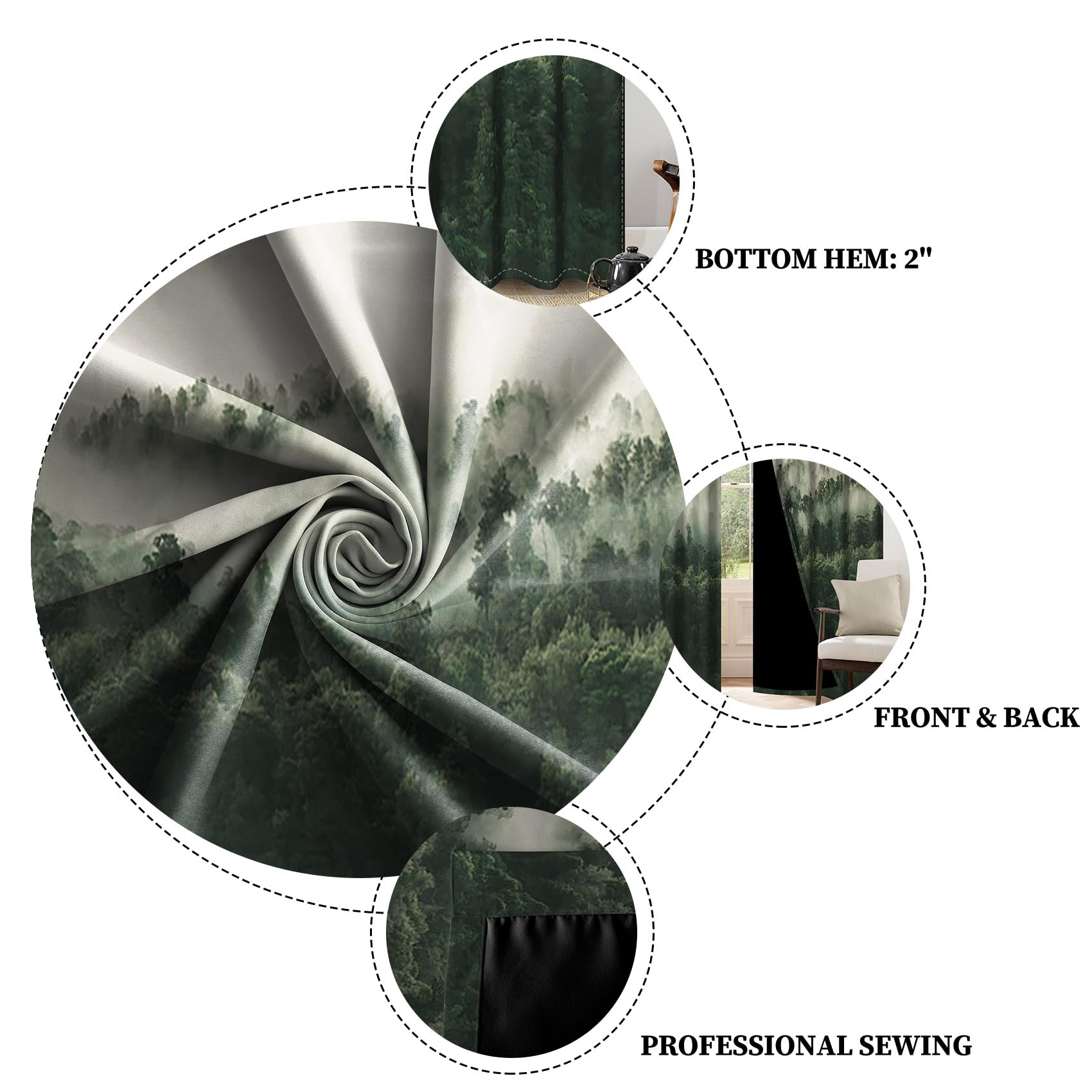 Renaiss Foggy Forest Blackout Curtains, Misty Mountain Mystric Forest Thermal Insulated Curtains for Bedroom Natural Grommet Window Drapes for Kitchen 29W x 55L inches 2 Panels Set - Image 5